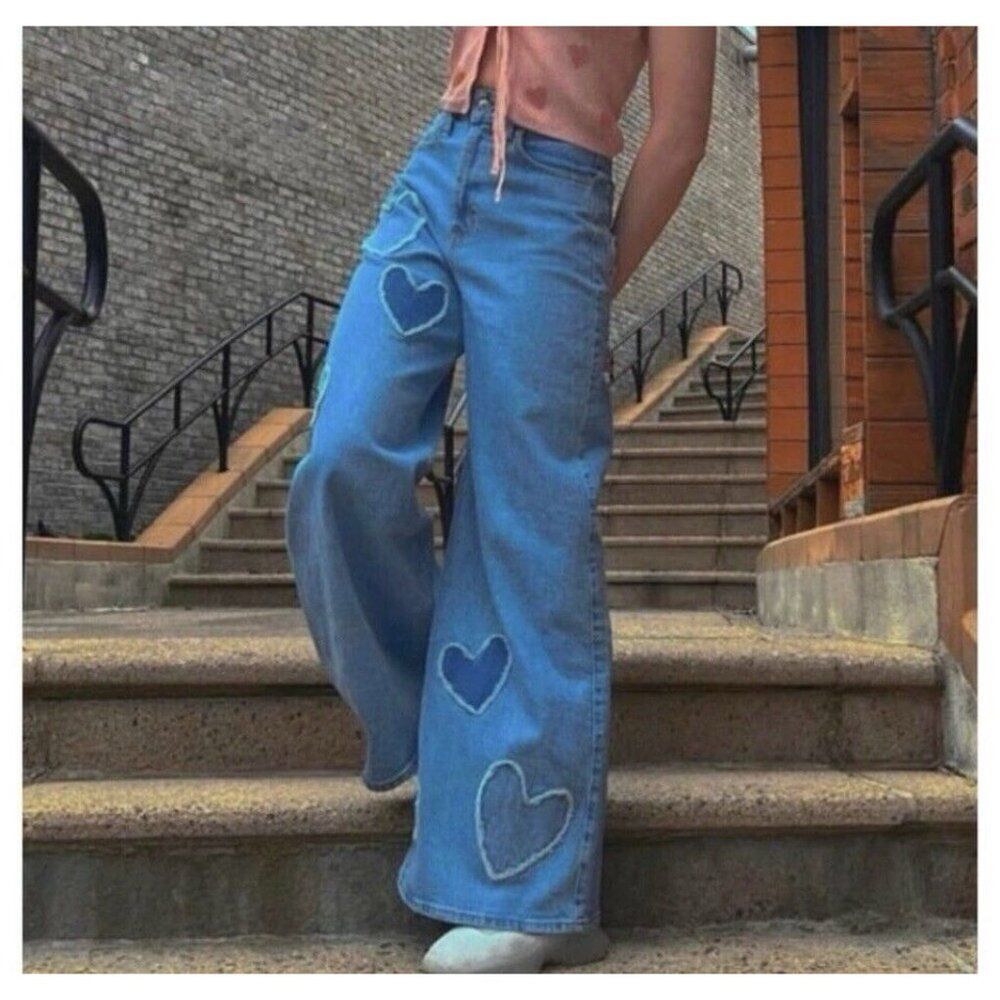Social Tourist Women 29 Ultra High Rise Baggy Wide Leg Denim Jeans Hearts Boho
